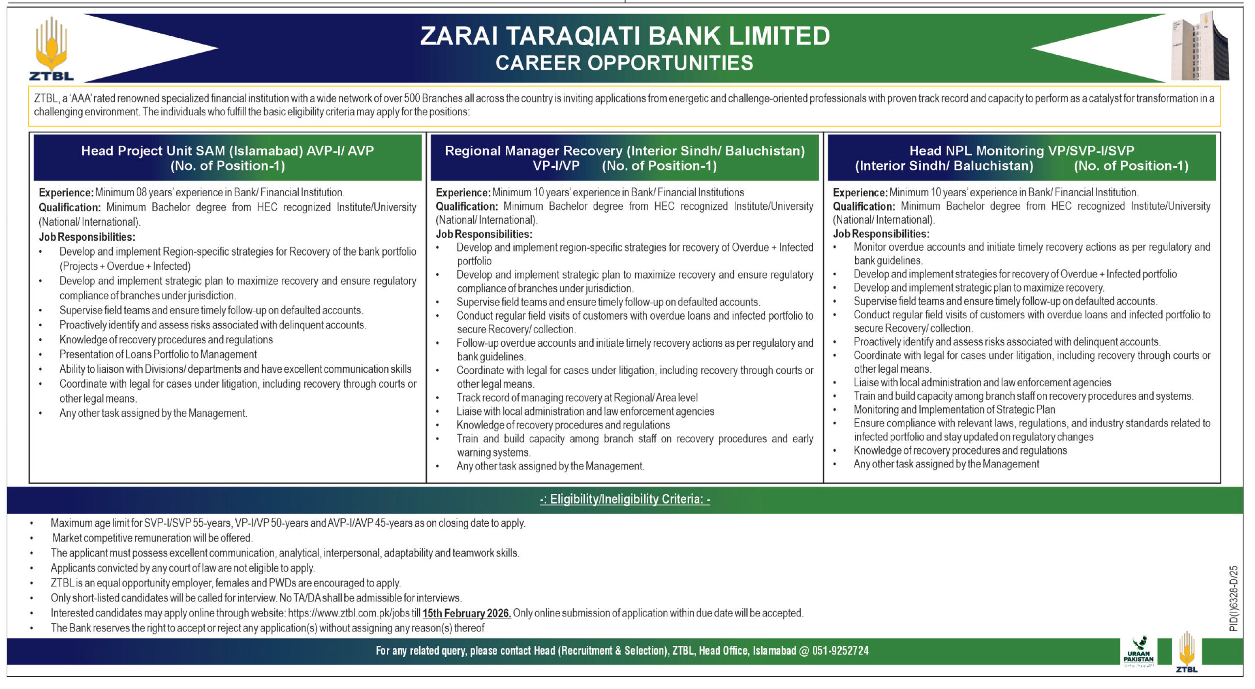 Zarai Taraqiati Bank Limited Latest Jobs 2026 - Apply Online for Head Project Unit SAM and Other Vacancies in Islamabad