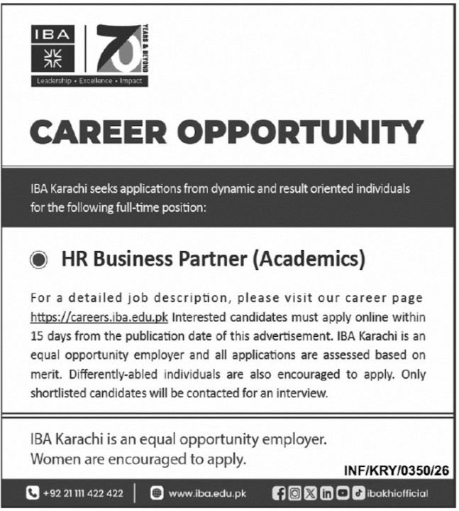 IBA Karachi Latest Jobs 2026 - Apply Online for HR Business Partner (Academics) Vacancies in Karachi
