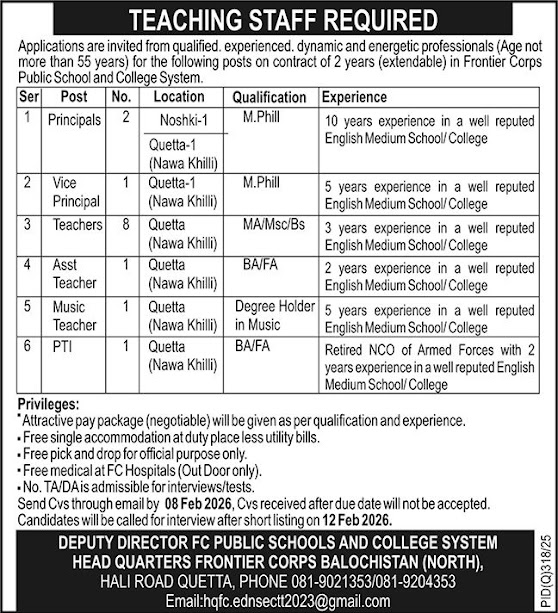 Frontier Corps (FC) Public School and College System Latest Jobs 2026 - Apply Online for Principals, Teachers and Other Vacancies in Quetta