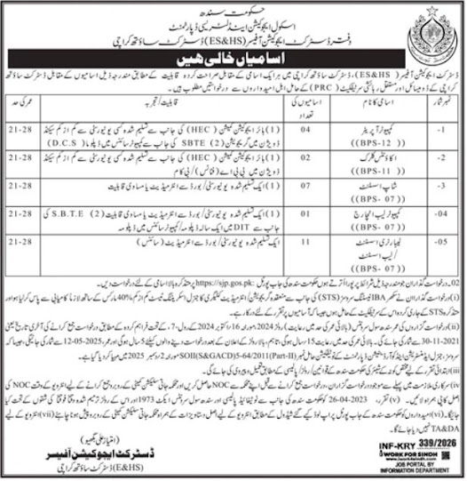 District Education Officer (ES&HS) South Karachi Latest Jobs 2026 - Apply Online for Computer Operator, Accounts Clerk and Other Vacancies in Karachi