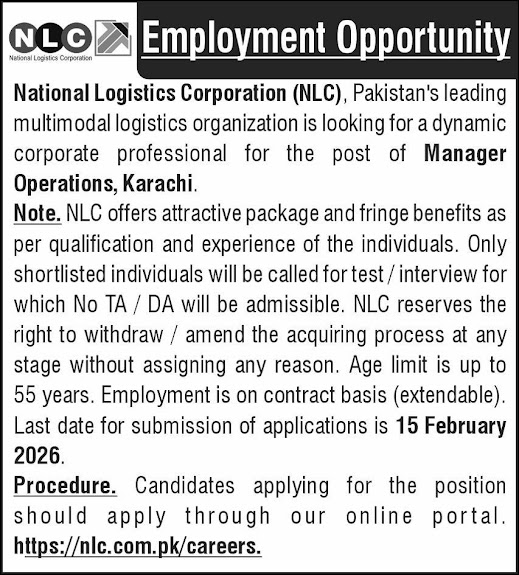 National Logistics Corporation (NLC) Latest Jobs 2026 - Apply Online for Manager Operations Vacancies in Karachi