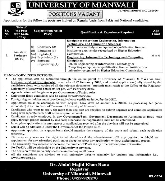 University of Mianwali Latest Jobs 2026 - Apply Online for Assistant Professor Vacancies in Mianwali