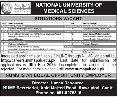 National University of Medical Sciences Latest Jobs 2026 - Apply Online for Teaching and Admin Vacancies in Rawalpindi