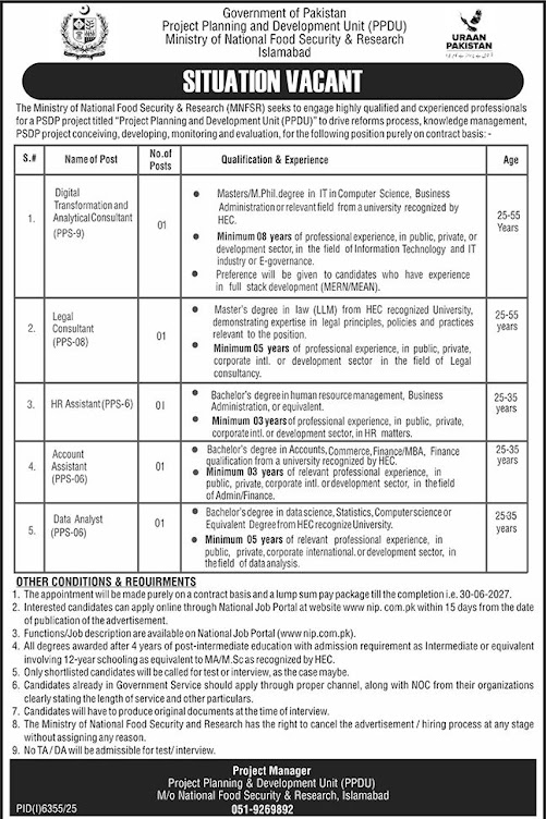 Ministry of National Food Security & Research Latest Jobs 2026 - Apply Online for Digital Transformation Consultant and Other Vacancies in Islamabad