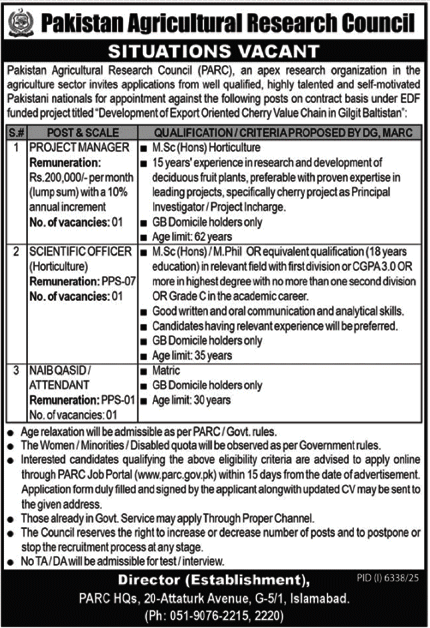 Pakistan Agricultural Research Council Latest Jobs 2026 - Apply Online for Project Manager, Scientific Officer & Other Vacancies in Islamabad