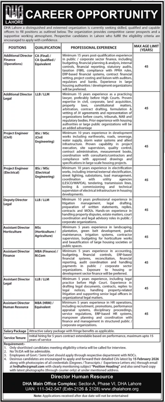 DHA Lahore Latest Jobs 2026 - Apply Online for Assistant Director & Engineer Vacancies in Lahore