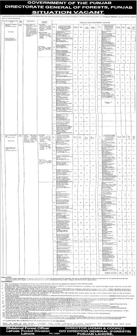 Directorate General of Forests Punjab Latest Jobs 2026 - Apply Online for Forest Guard Vacancies in Lahore