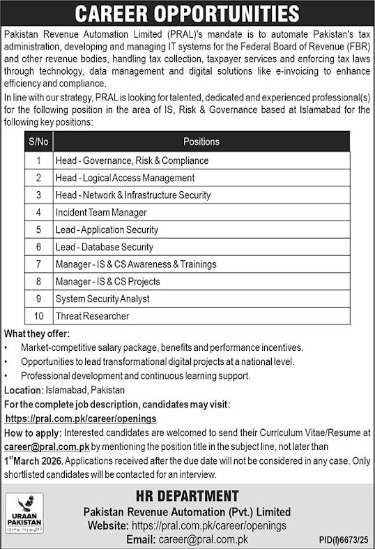 Pakistan Revenue Automation Limited Latest Jobs 2026 - Apply Online for Head Governance Risk & Compliance Vacancies in Islamabad
