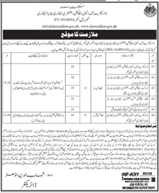 School Education and Literacy Department Sindh Latest Jobs 2026 - Apply Online for Computer Operator, Clerk and Others Vacancies in Sukkur and Karachi
