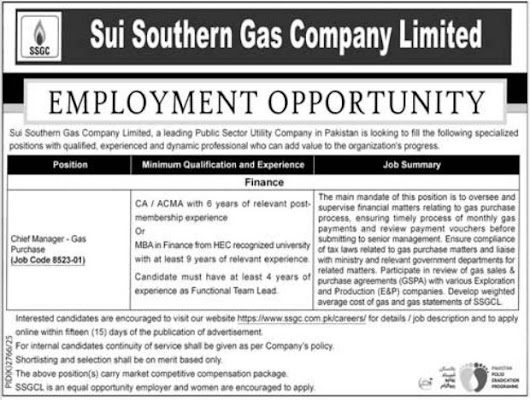 Sui Southern Gas Company Limited Latest Jobs 2026 - Apply Online for Chief Manager - Gas Purchase Vacancies