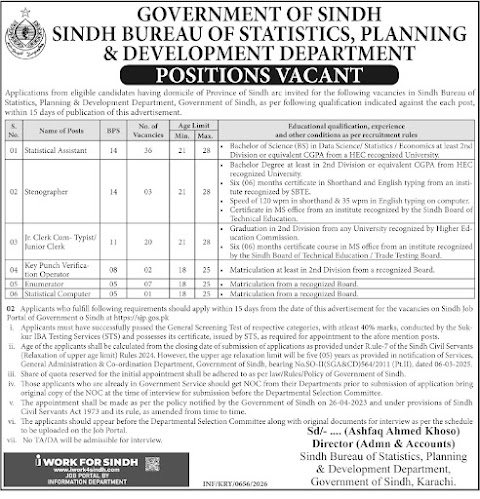 Sindh Bureau of Statistics, Planning & Development Department Latest Jobs 2026 - Apply Online for Statistical Assistant Vacancies in Karachi