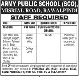 Army Public School (APS) Latest Jobs 2026 - Apply Online for Teacher Vacancies in Rawalpindi