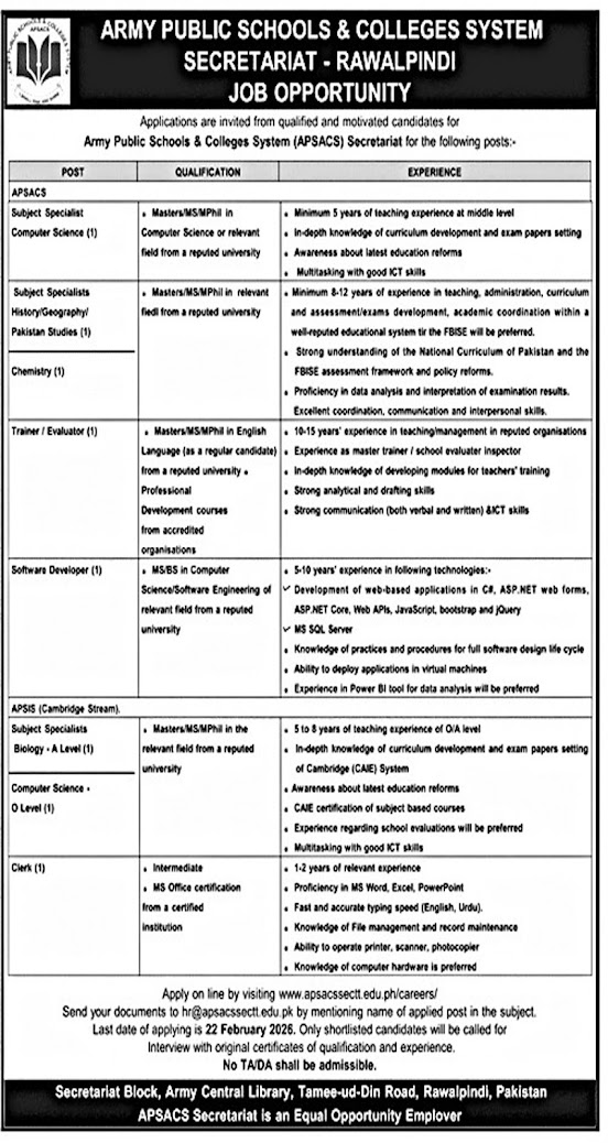 Army Public Schools & Colleges System (APSACS) Secretariat Rawalpindi Latest Jobs 2026 - Apply Online for Subject Specialist, Software Developer, and Clerk Vacancies in Rawalpindi