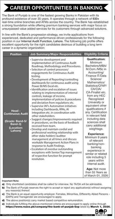 The Bank of Punjab (BOP) Latest Jobs 2026 - Apply Online for Head - Continuous Audit Vacancies in Lahore