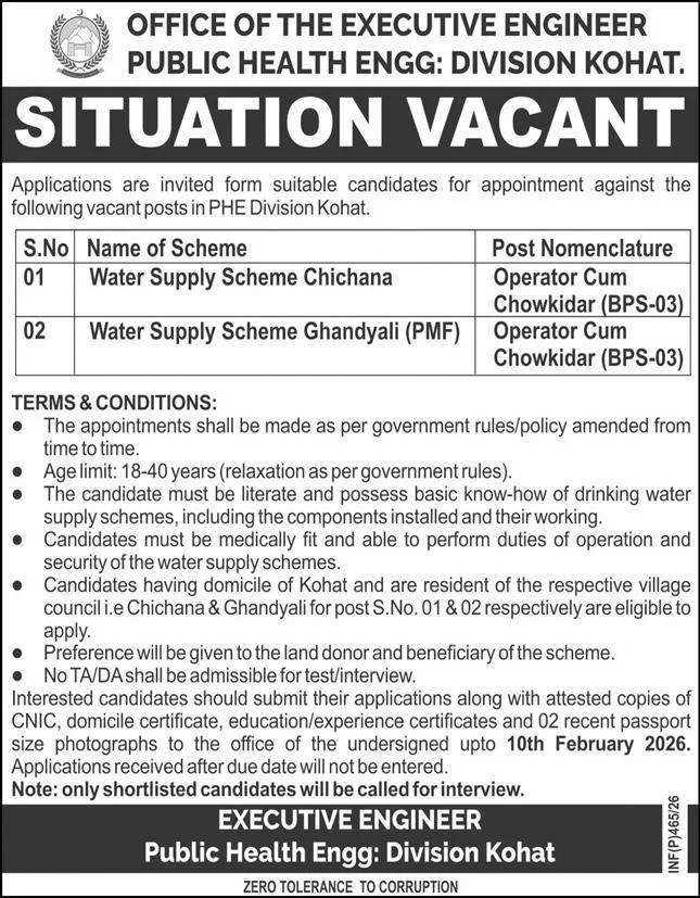 Class 4 Latest Jobs 2026 - Apply Online for Operator Cum Chowkidar Vacancies in Kohat