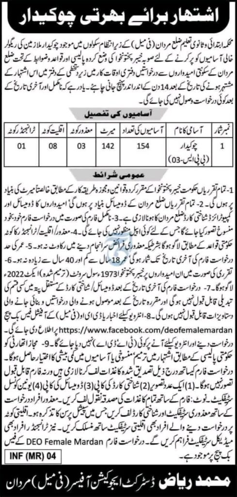 Elementary and Secondary Education Department Latest Jobs 2026 - Apply Online for Chowkidar Vacancies in Mardan