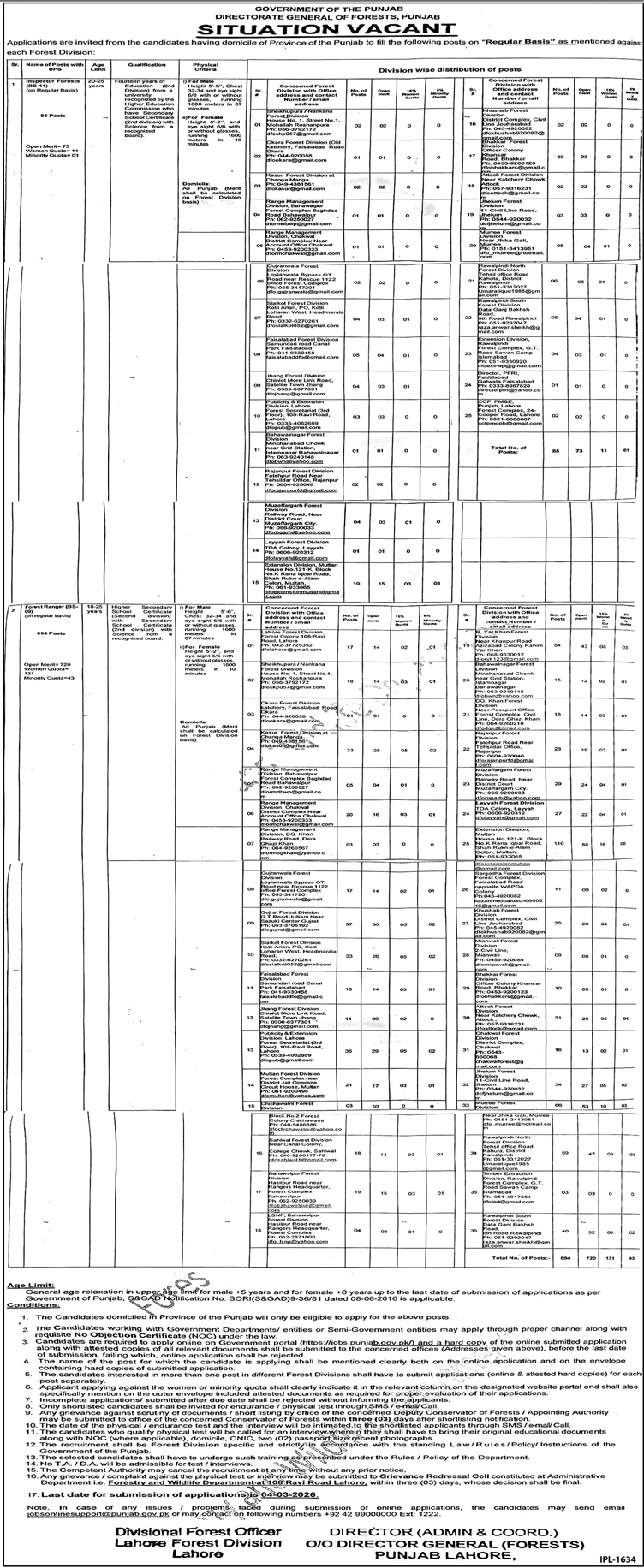 Directorate General of Forests Punjab Latest Jobs 2026 - Apply Online for Inspector Forests and Forest Ranger Vacancies in Lahore