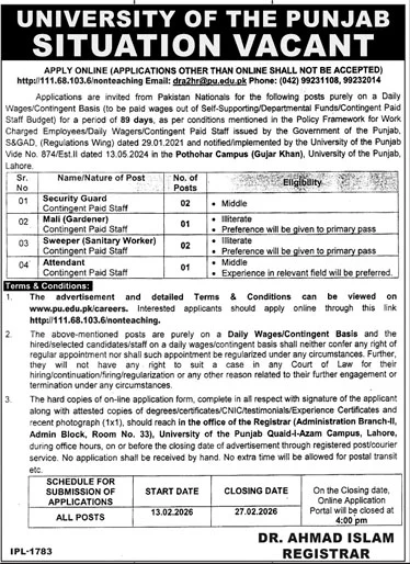 University of the Punjab Latest Jobs 2026 - Apply Online for Security Guard, Mali, Sweeper, and Attendant Vacancies in Gujar Khan