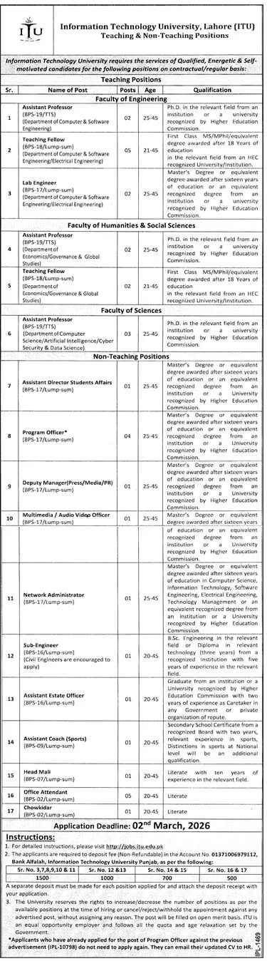 Information Technology University (ITU) Latest Jobs 2026 - Apply Online for Teaching & Non-Teaching Vacancies in Lahore