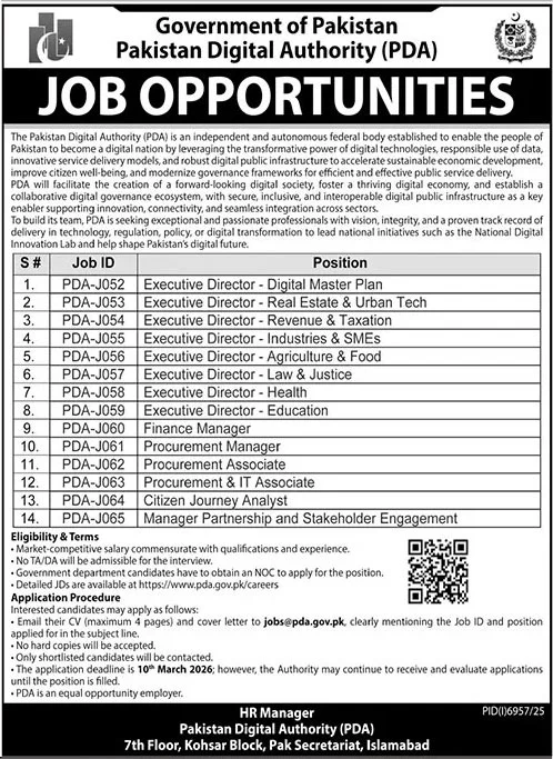 Pakistan Digital Authority (PDA) Latest Jobs 2026 - Apply Online for Executive Director & Manager Vacancies in Islamabad