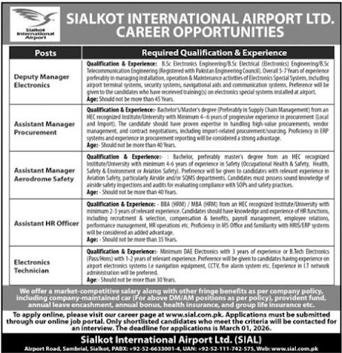 Sialkot International Airport Ltd. Latest Jobs 2026 - Apply Online for Deputy Manager, Assistant Manager, and Technician Vacancies in Sialkot