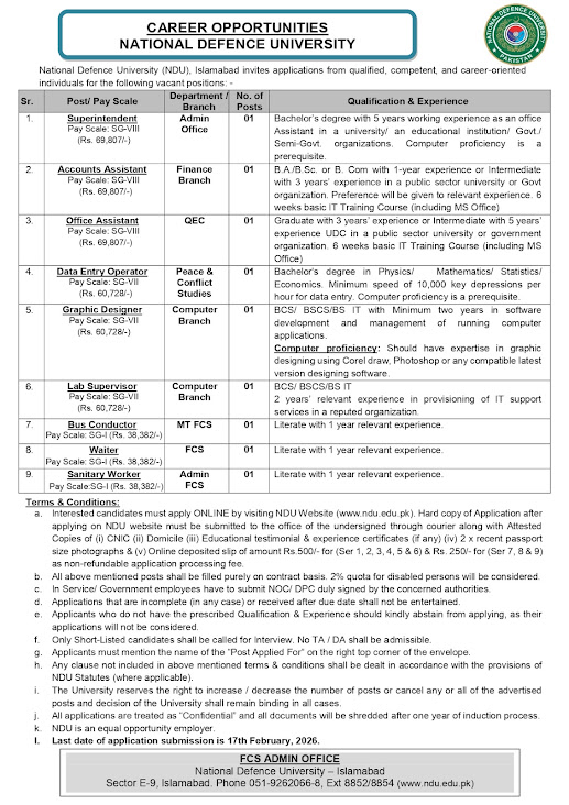 National Defence University (NDU) Latest Jobs 2026 - Apply Online for Various Staff Vacancies in Islamabad
