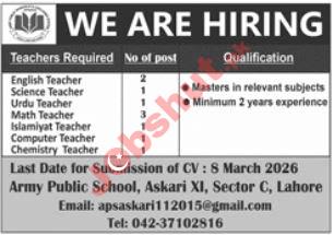 Army Public School Teaching Latest Jobs 2026 - Apply Online for Teaching Staff Vacancies in Lahore