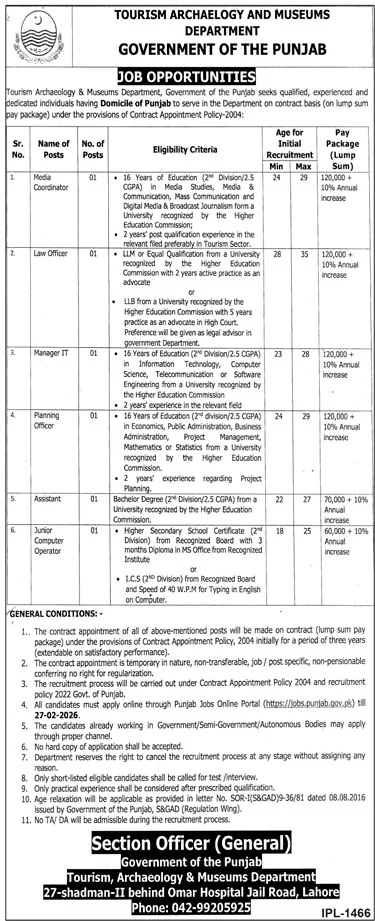 Tourism Archaeology and Museums Department Punjab Latest Jobs 2026 - Apply Online for Media Coordinator, Law Officer & Others Vacancies in Lahore