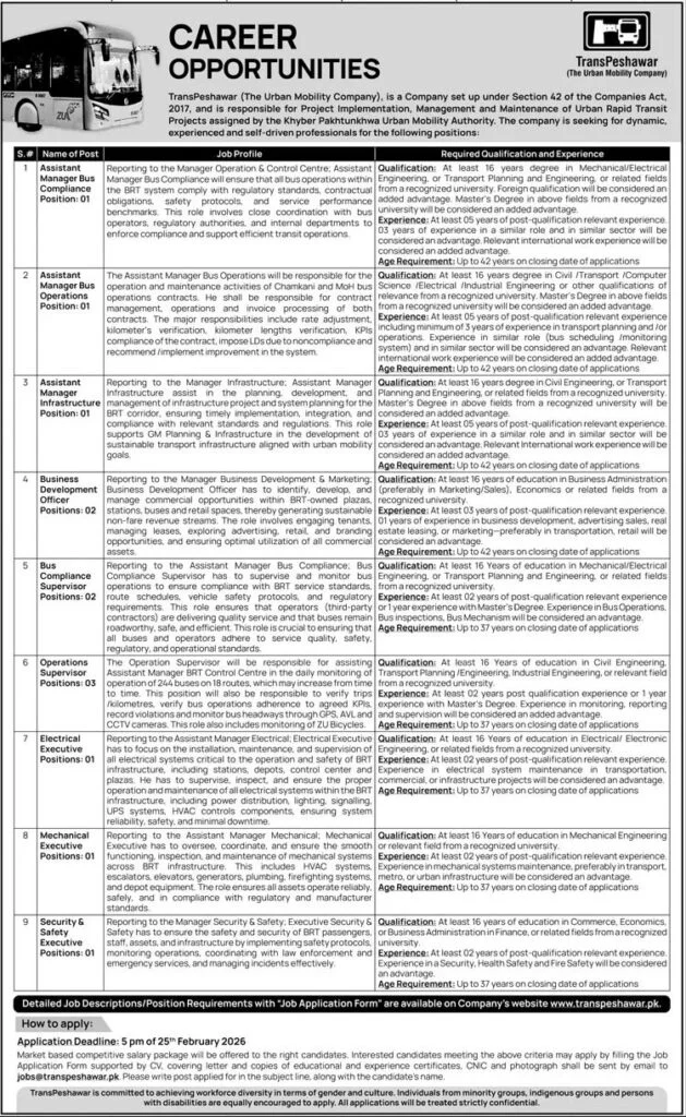 Trans Peshawar Latest Jobs 2026 - Apply Online for Assistant Manager & Executive Vacancies in Peshawar