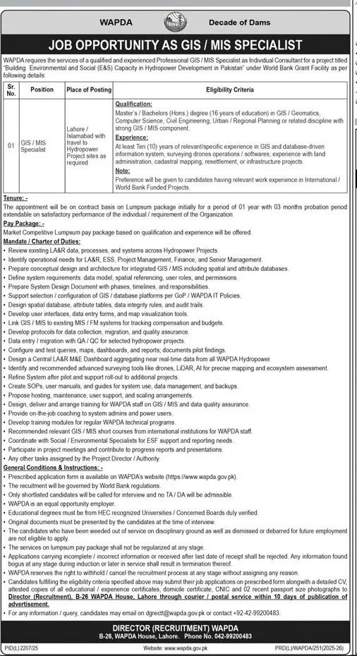 WAPDA Latest Jobs 2026 - Apply Online for GIS / MIS Specialist Vacancies in Lahore
