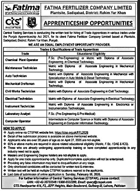 Fatima Fertilizer Company Limited Latest Jobs 2026 - Apply Online for Trade Apprentices Vacancies in Sadiqabad