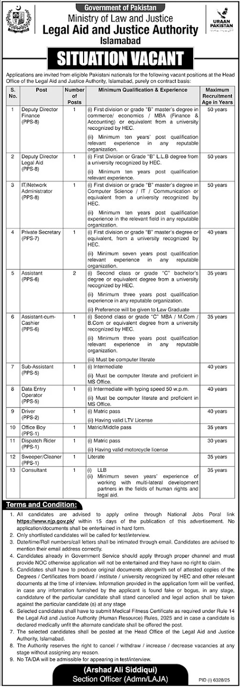 Ministry of Law and Justice Authority Latest Jobs 2026 - Apply Online for Deputy Director, Assistant & Other Vacancies in Islamabad