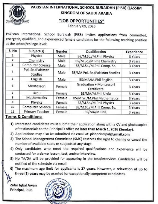 Pakistan International School Buraidah Latest Jobs 2026 - Apply Online for Teaching Staff Vacancies in Buraidah