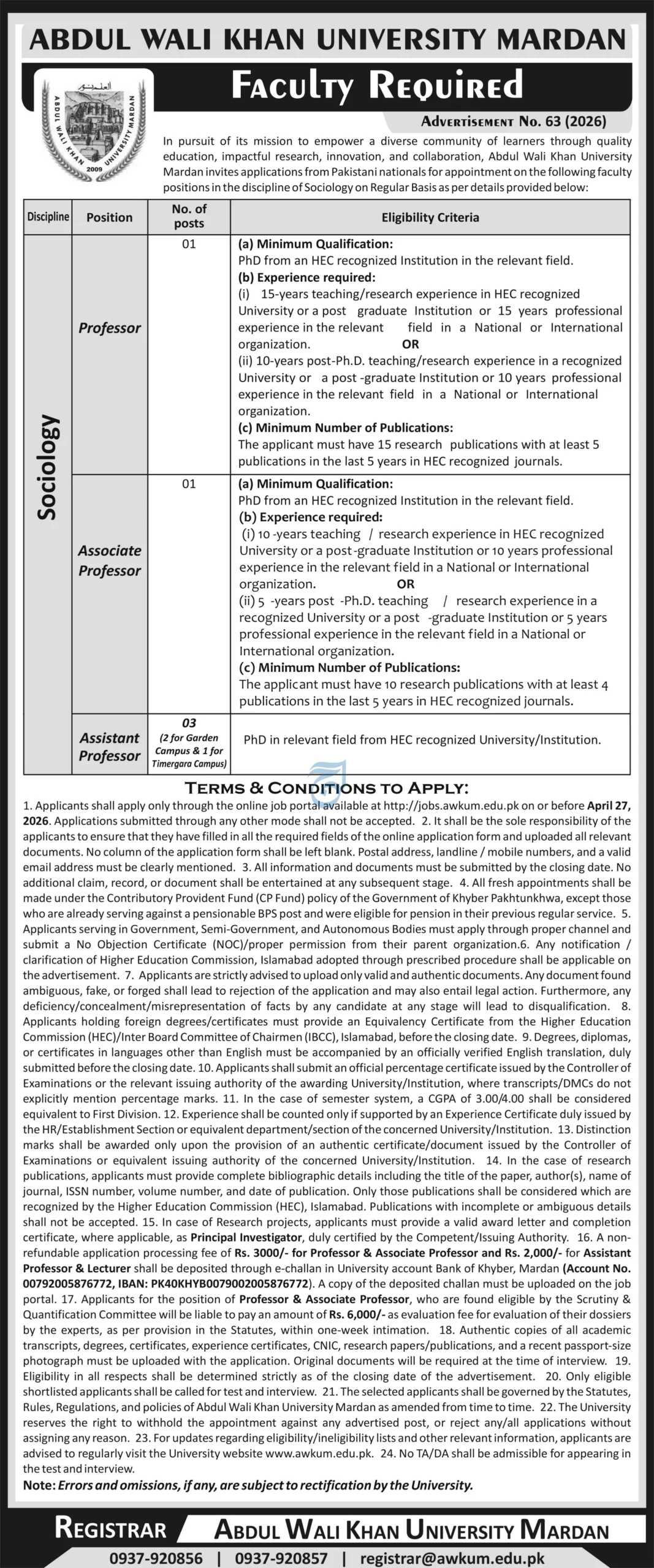Abdul Wali Khan University Mardan Latest Jobs 2026 - Apply Online for Professor, Associate Professor and Assistant Professor Vacancies in Mardan