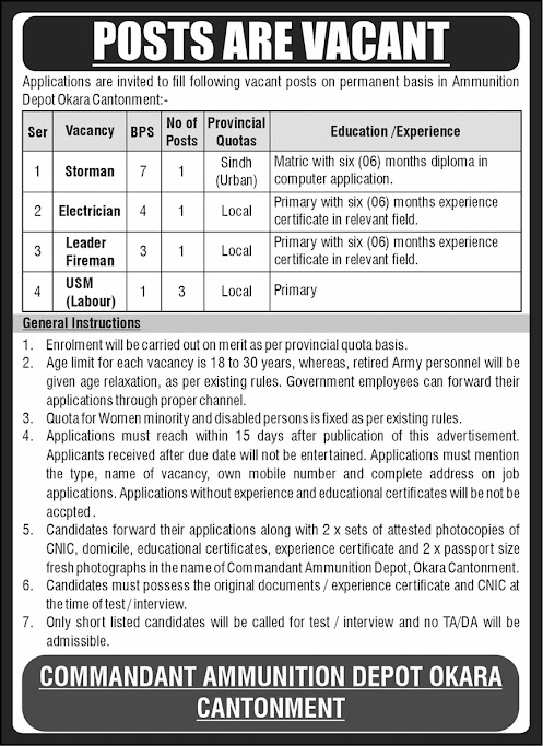 Ammunition Depot Okara Cantonment Latest Jobs 2026 - Apply Online for Storman, Electrician and USM Vacancies in Okara