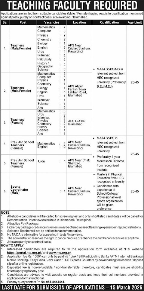 Army Public Schools (APS) Latest Jobs 2026 – Apply Online for Teaching Faculty Vacancies in Rawalpindi / Islamabad