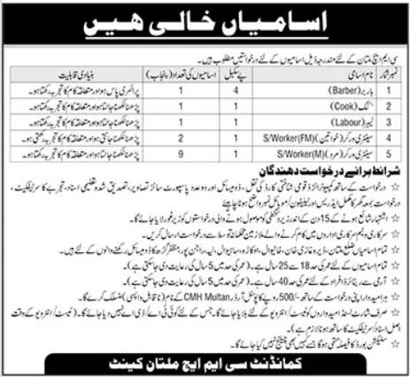 CMH Multan Latest Jobs 2026 - Apply Online for Barber, Cook, Labour, Sanitary Worker Vacancies in Multan