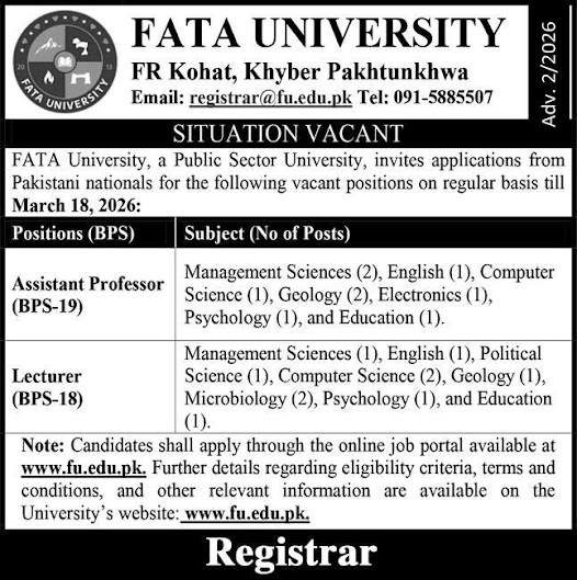 FATA University Latest Jobs 2026 - Apply Online for Assistant Professor, Lecturer & Administrative Vacancies in Kohat