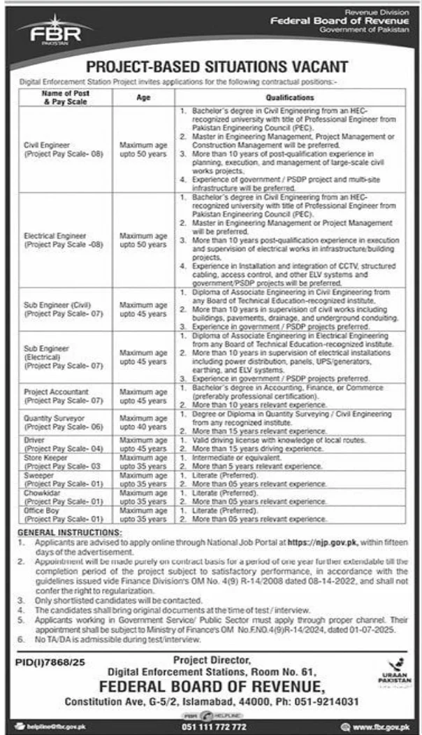 Federal Board of Revenue (FBR) Latest Jobs 2026 - Apply Online for Engineer, Accountant and Support Staff Vacancies in Islamabad