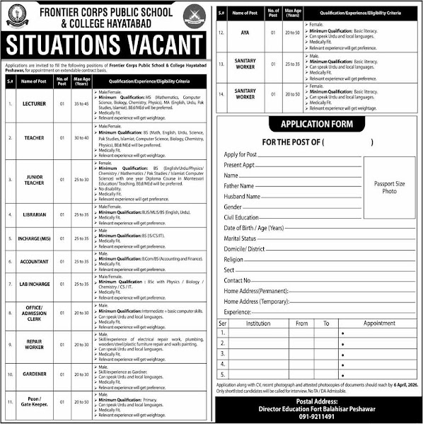 Frontier Corps  (FC) Public School & College Latest Jobs 2026 - Apply Online for Lecturer & Other Vacancies in Peshawar