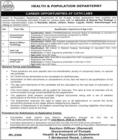 Health & Population Department Punjab Latest Jobs 2026 - Apply Online for Interventional Cardiologist, Medical Officer & Other Vacancies in Multiple Cities