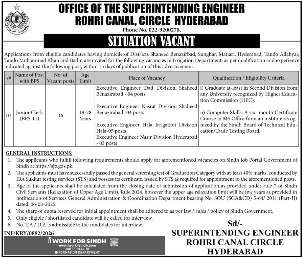 Junior Clerk Jobs in Office of the Superintending Engineer Rohri Canal Circle 2026 - Apply Online Now