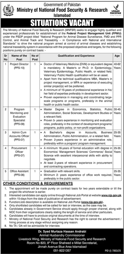 Ministry of National Food Security & Research Latest Jobs 2026 - Apply Online for Federal Project Management Unit Vacancies in Islamabad