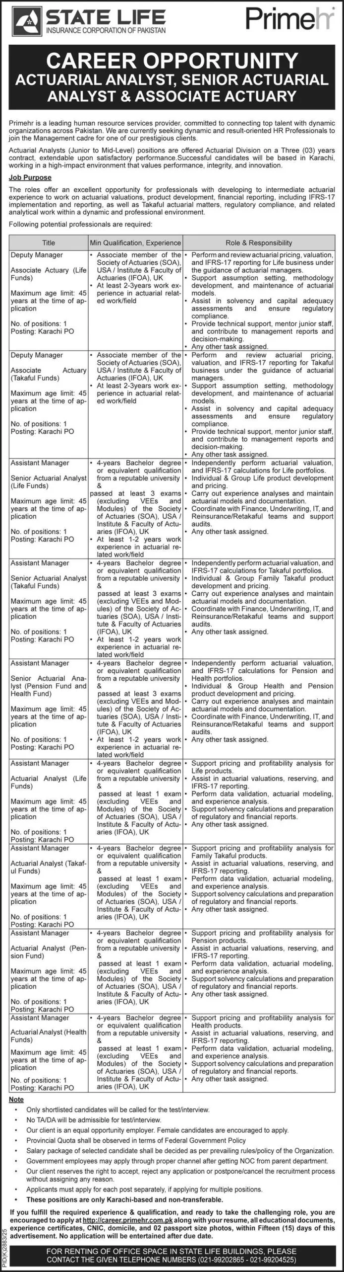 State Life Insurance Corporation Latest Jobs 2026 - Apply Online for Actuarial Analyst, Senior Actuarial Analyst & Associate Actuary Vacancies in Karachi