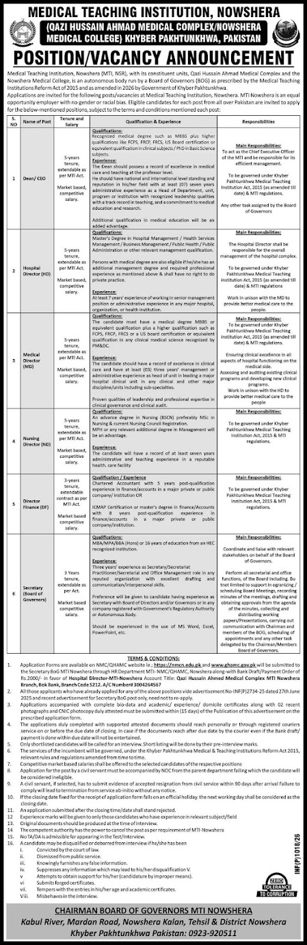 Medical Teaching Institution MTI Nowshera Latest Jobs 2026 - Apply Online for Dean, Director, and Secretary Vacancies in Nowshera