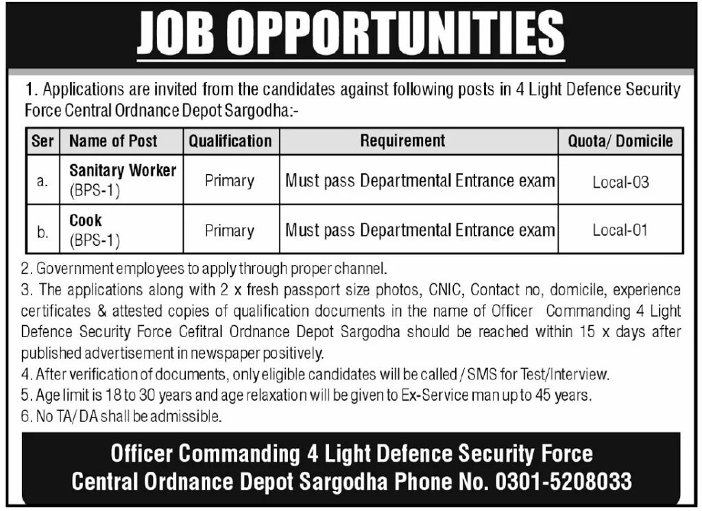 Pak Army Central Ordnance Depot Sargodha Latest Jobs 2026 - Apply Online for Sanitary Worker and Cook Vacancies in Sargodha