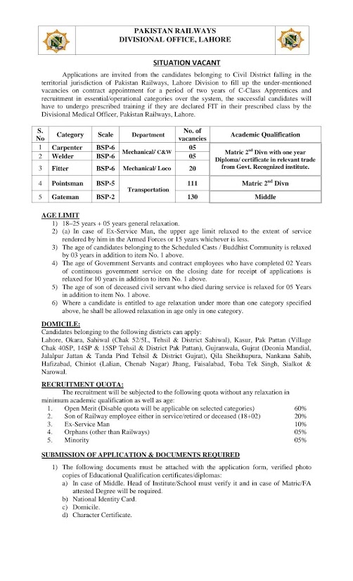 Pakistan Railways Latest Jobs 2026 - Apply Online for Pointsman, Gateman & Other Vacancies in Lahore & Rawalpindi