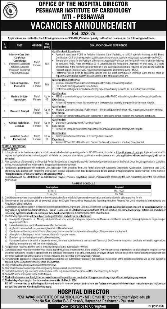 Peshawar Institute of Cardiology MTI Latest Jobs 2026 - Apply Online for Medical Officer Vacancies in Peshawar