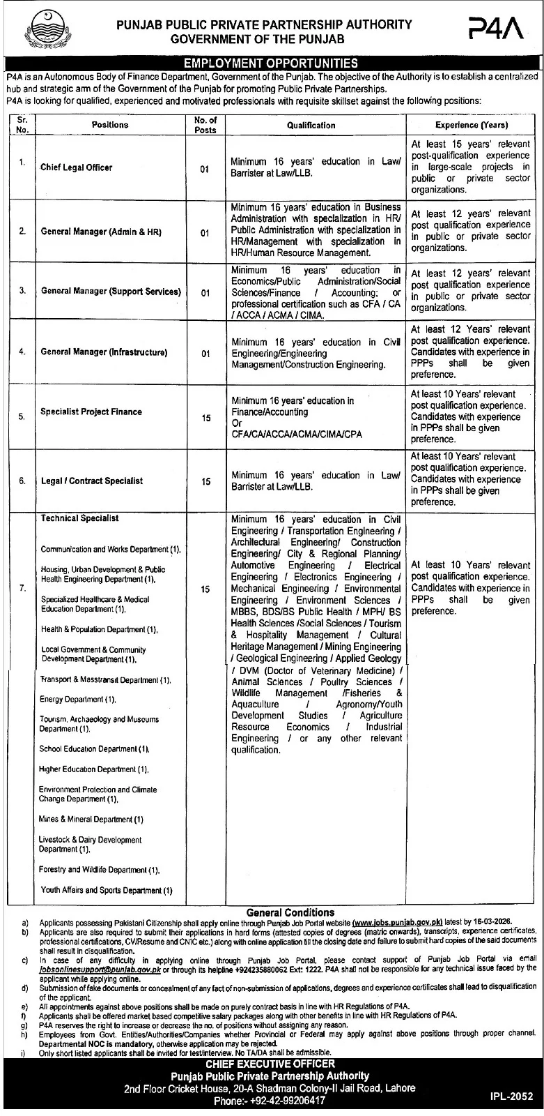 Punjab Public Private Partnership Authority Latest Jobs 2026 - Apply Online for General Manager and Specialist Vacancies in Lahore