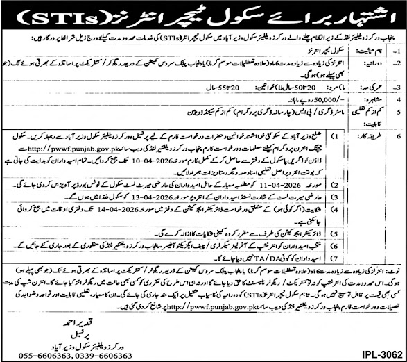Punjab Workers Welfare Fund Latest Jobs 2026 - Apply Online for School Teacher Interns Vacancies in Wazirabad